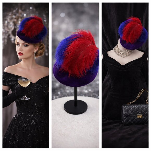 Vintage Miss Briemer Feather Fascinator Hat  Purple Velvet & Red/Cobalt Plumes main image 4